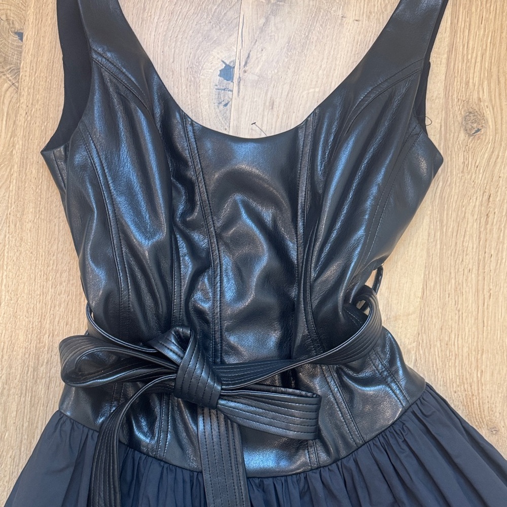 Black Sleeveless Midi Dress with Faux-Leather Bodice and Waist Tie Hale House - Picture 5 of 6